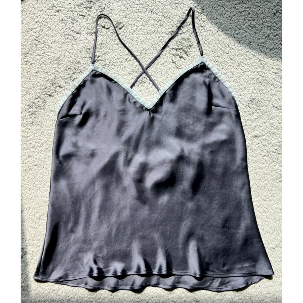 Dark Gray Satin L Victoria's Secret Bias Cut Crop Cami, Blue Mesh Ruffle Trim,